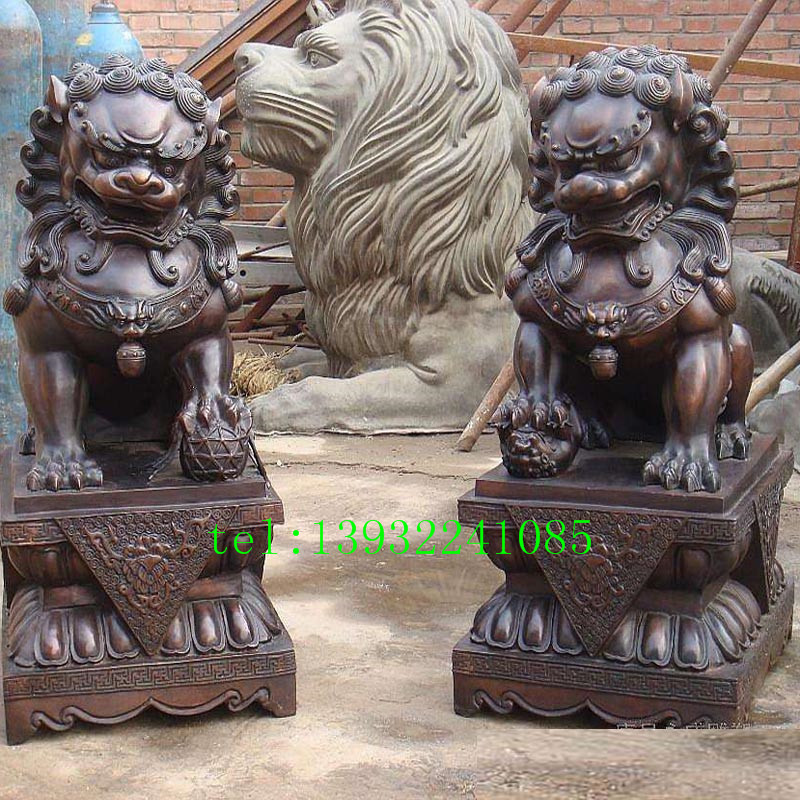 镇宅狮,宫门狮,北京狮带底座风水铜雕塑摆件
